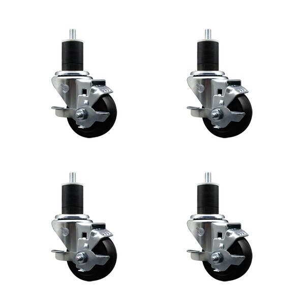 3'' SS Hard Rubber Swivel 1-3/4'' Expanding Stem Caster Set with Brake, 4PK